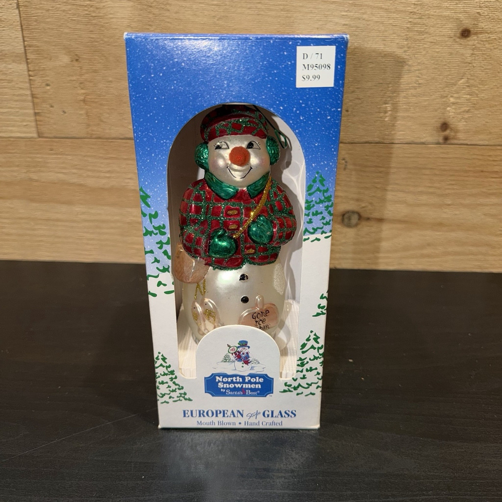 European Style North Pole Snowman Gone Ice Fishin Christmas Ornament Mouth Blown